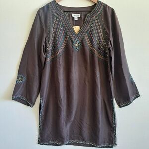 Coldwater Creek NWT 100% Silk Beaded Brown Tunic Top Dress Womens Medium Boho